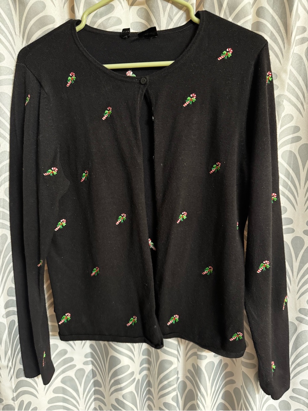 Black Women's Cardigan Sweater with Candy Cane Embroidery